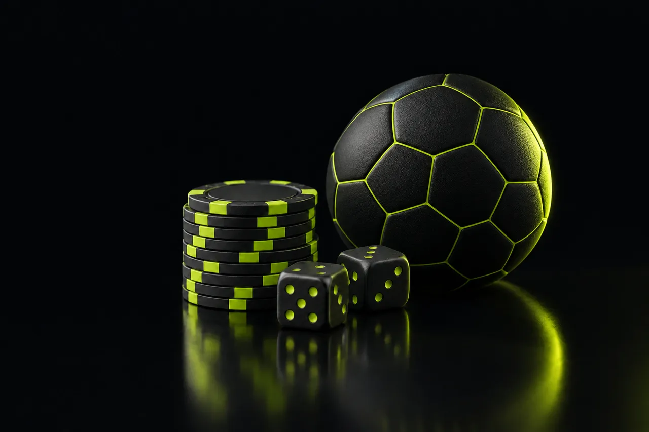 Стопка фишек, игральные кости и футбольный мяч — вертикали gambling и betting